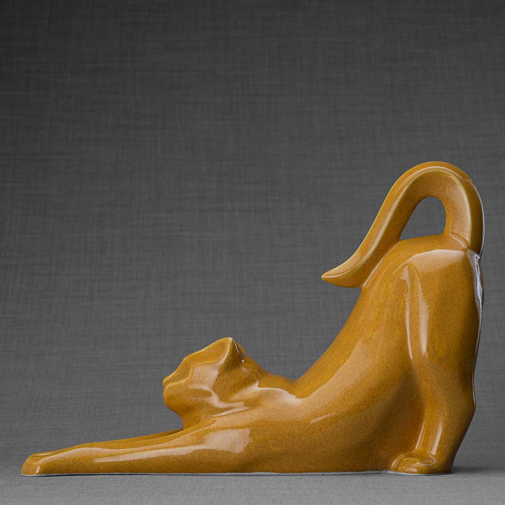 Stretching Cat Urn For Ashes Amber Left