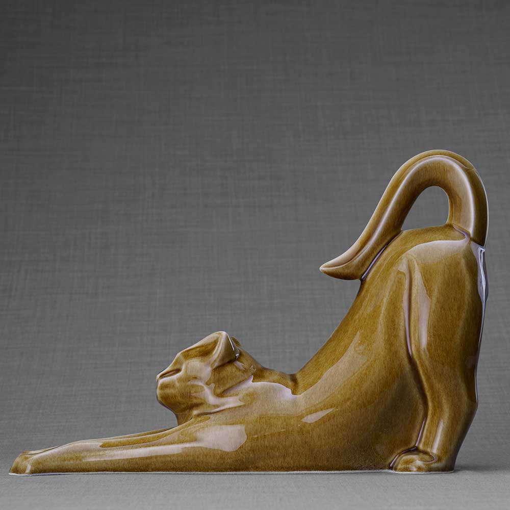Stretching Cat Urn For Ashes Dark Sand Left