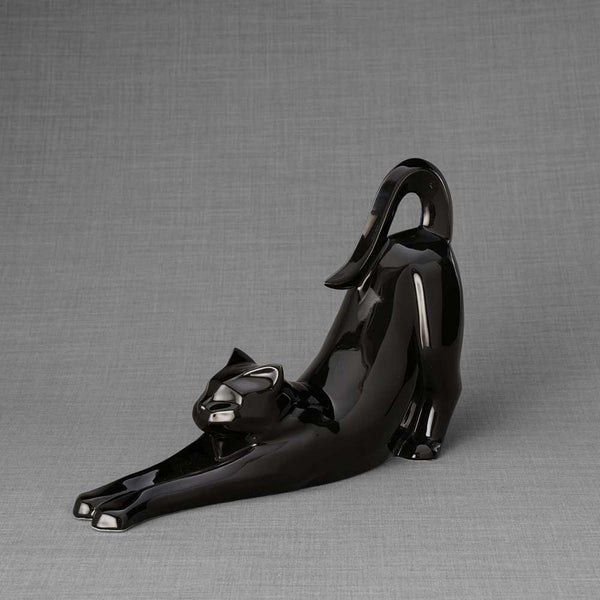 Stretching Cat Urn For Ashes Glossy Black Front Left