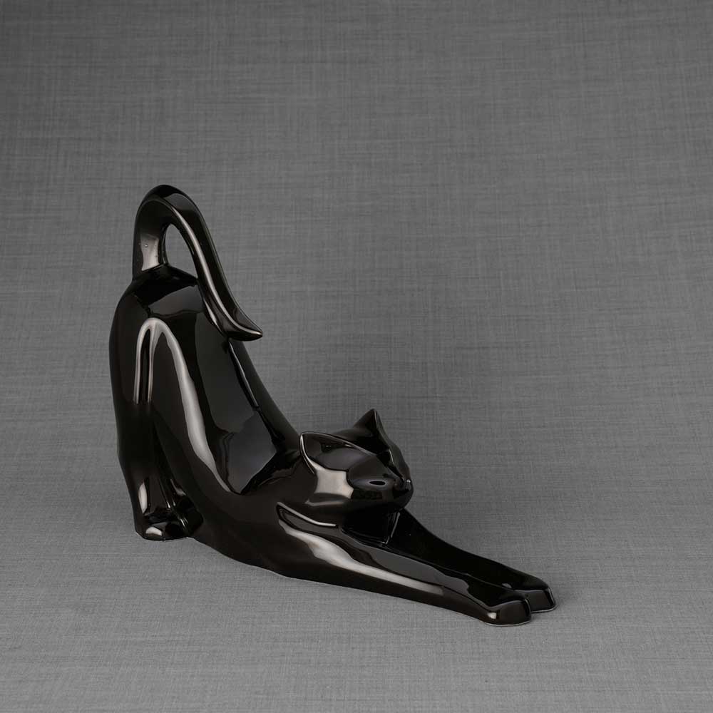 Stretching Cat Urn For Ashes Glossy Black Front Right