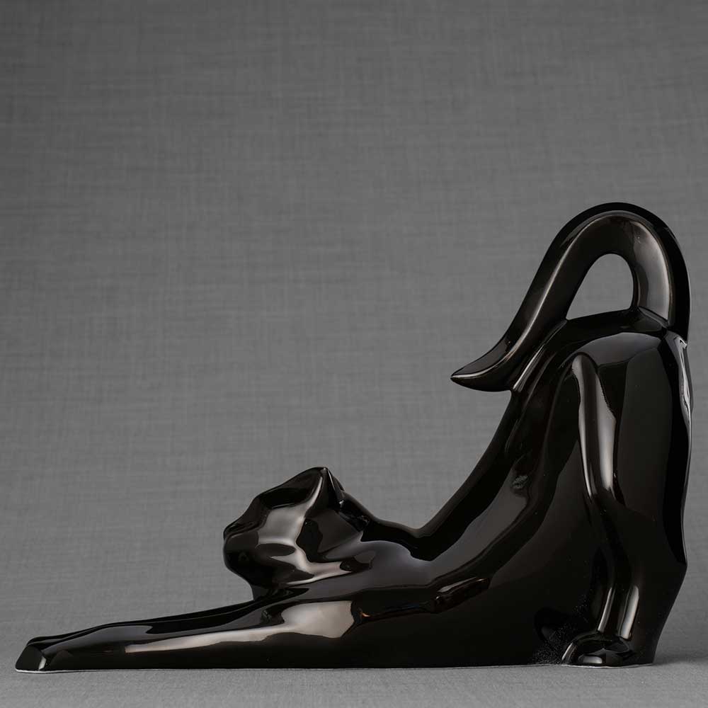 Stretching Cat Urn For Ashes Glossy Black Left