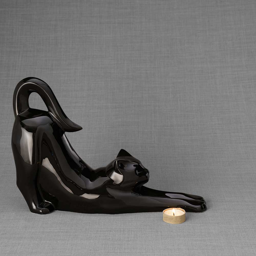Stretching Cat Urn For Ashes Glossy Black Right Candle