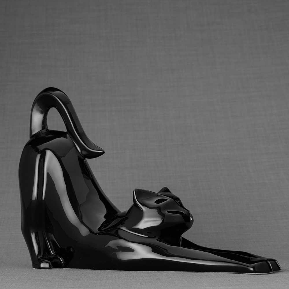 Stretching Cat Urn For Ashes Glossy Black Right