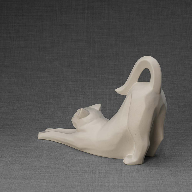 Stretching Cat Urn For Ashes Matte White Back Left