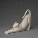 Stretching Cat Urn For Ashes Matte White Front Left
