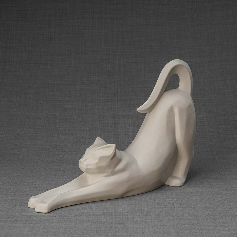 Stretching Cat Urn For Ashes Matte White Front Left