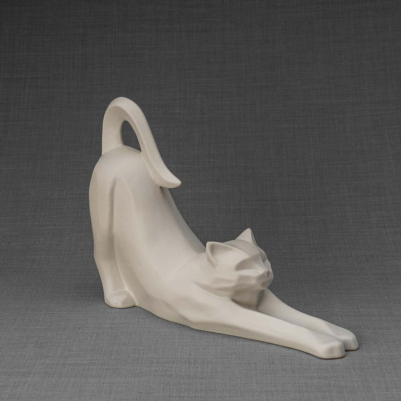 Stretching Cat Urn For Ashes Matte White Front Right