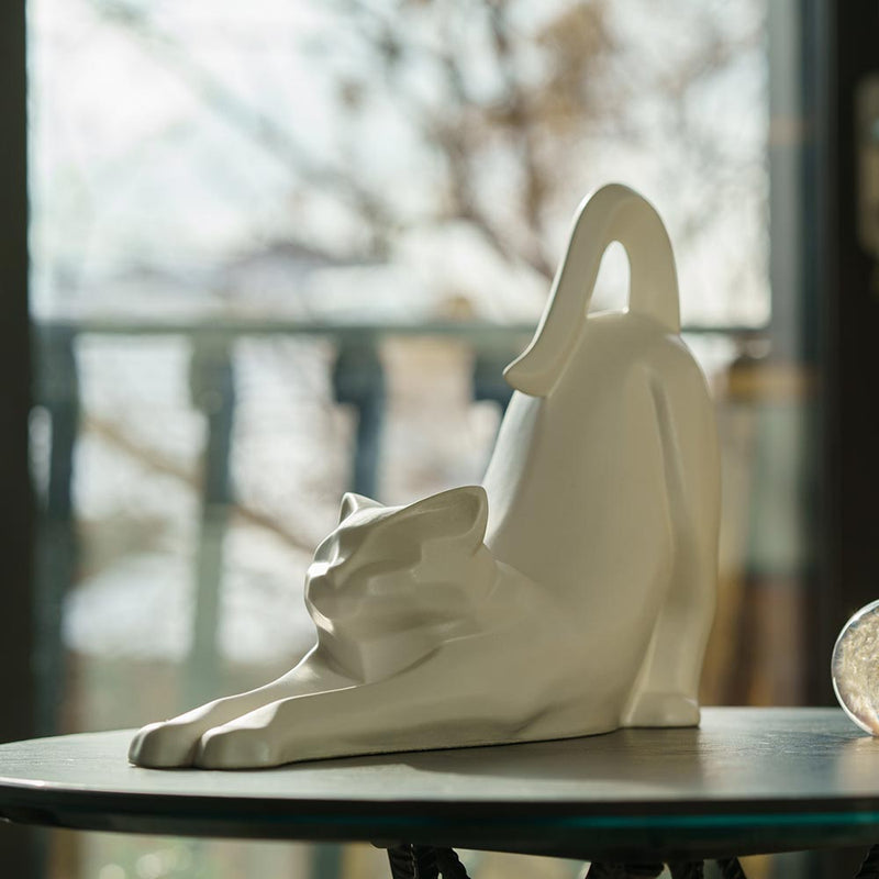 Stretching Cat Urn For Ashes Matte White On Table Front Left Face On