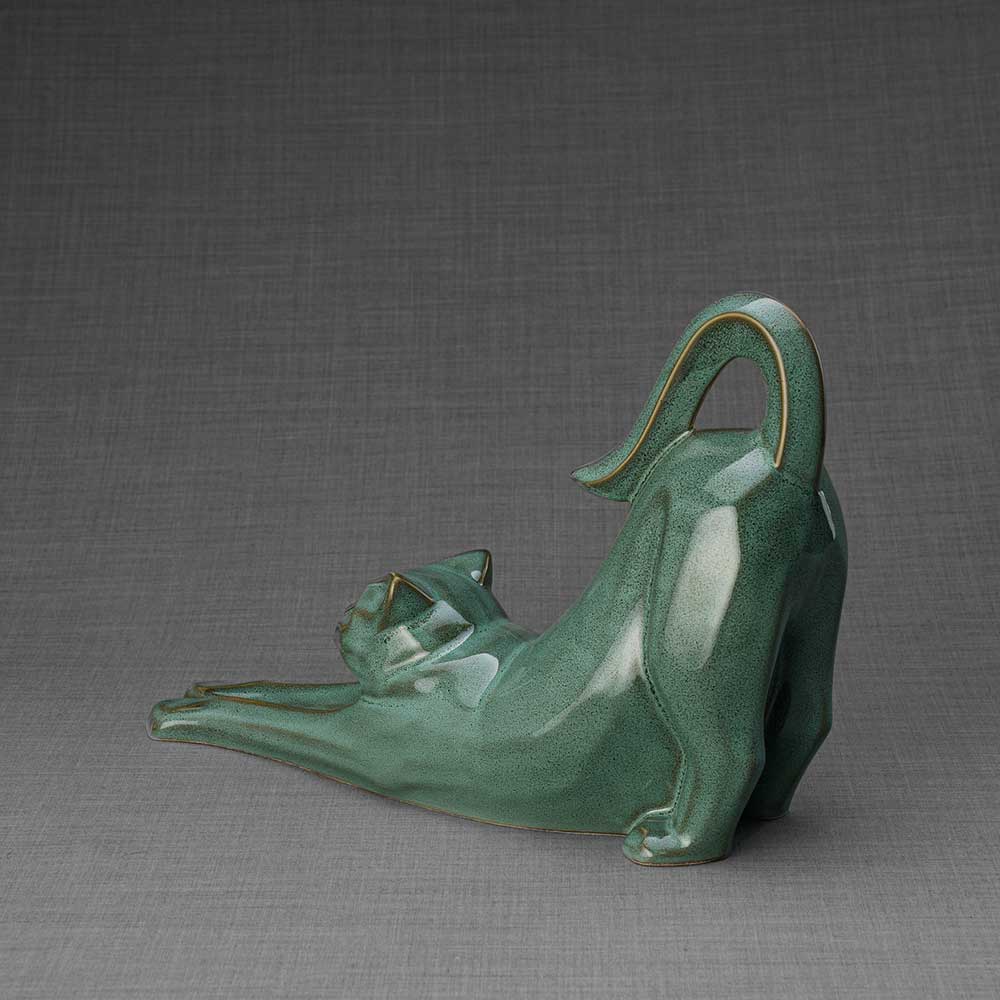 Stretching Cat Urn For Ashes Oily Green Back Left