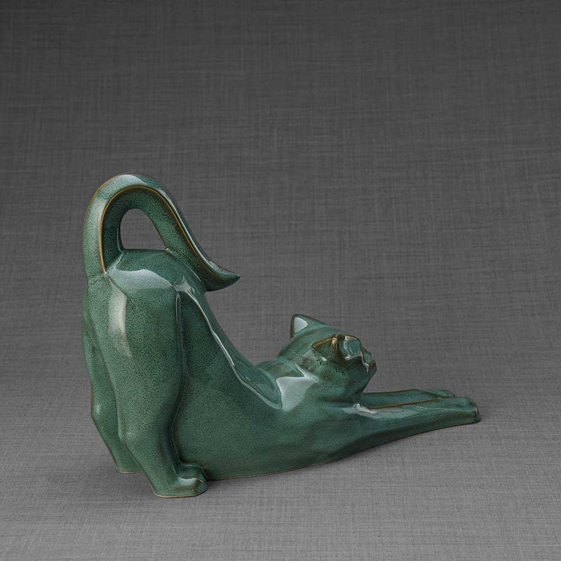 Stretching Cat Urn for Ashes in Oily Green