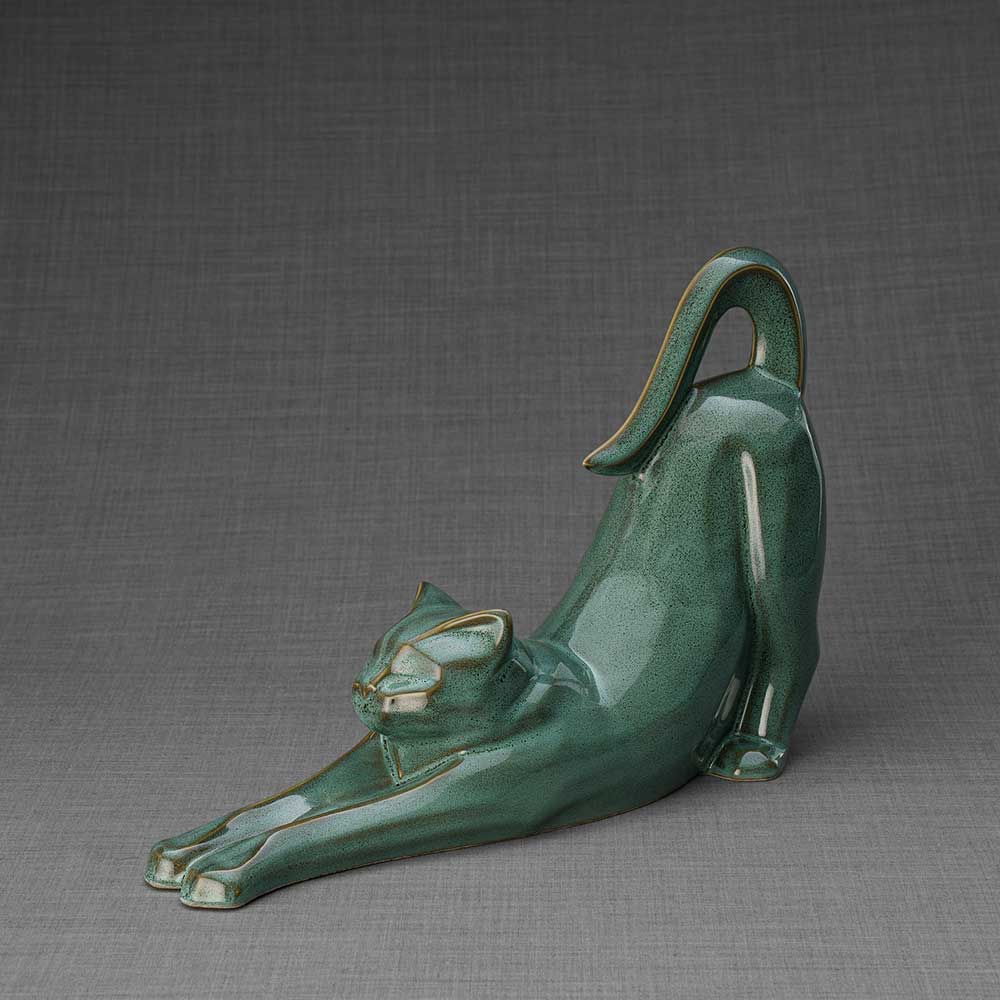Stretching Cat Urn For Ashes Oily Green Front Left