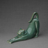 Stretching Cat Urn for Ashes in Oily Green