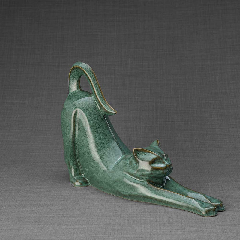 Stretching Cat Urn for Ashes in Oily Green