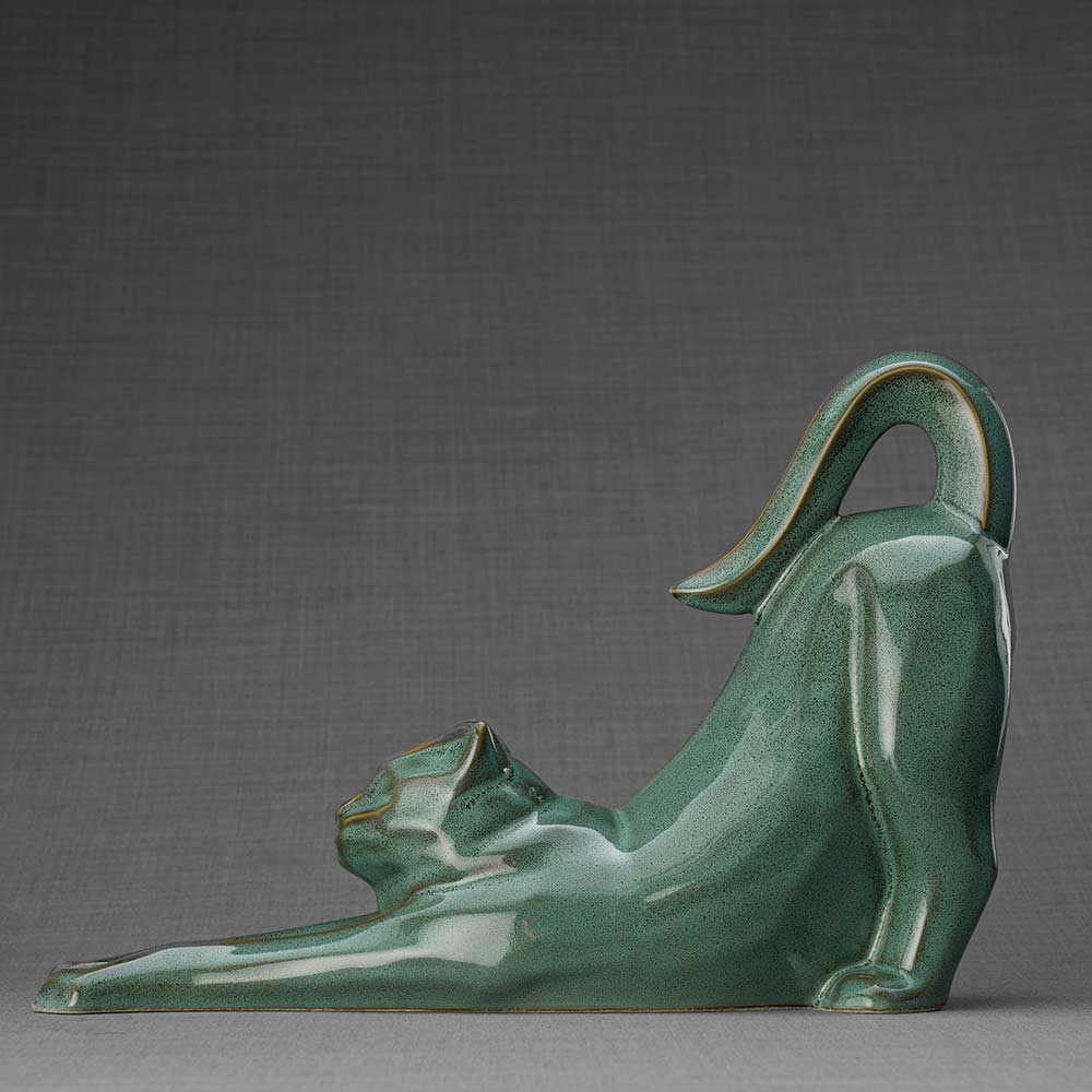 Stretching Cat Urn For Ashes Oily Green Left