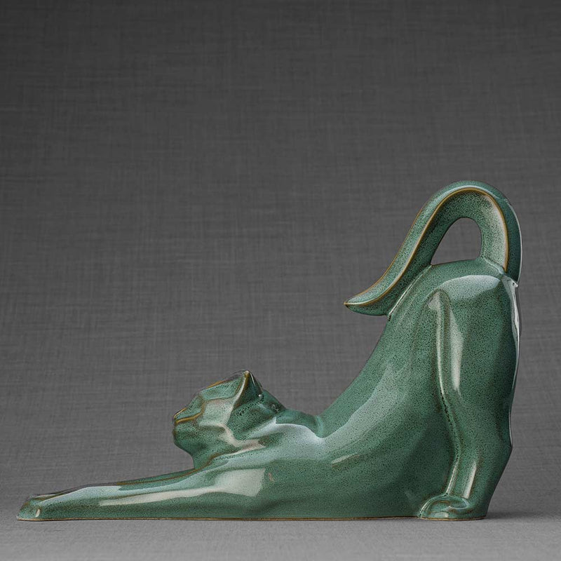 Stretching Cat Urn for Ashes in Oily Green