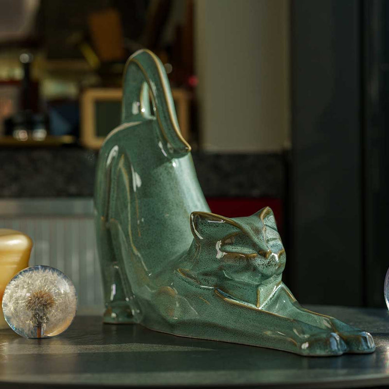 Stretching Cat Urn for Ashes in Oily Green