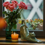 Stretching Cat Urn for Ashes in Oily Green