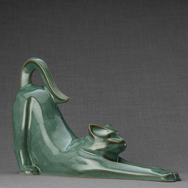 Stretching Cat Urn for Ashes in Oily Green