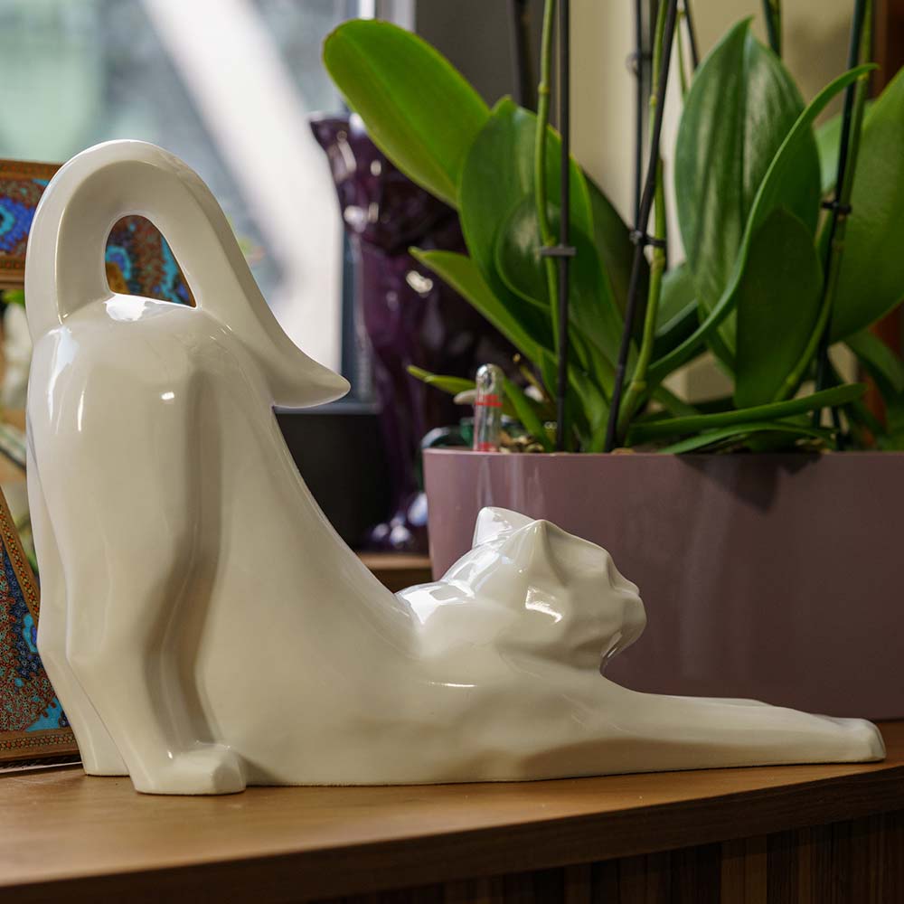 Stretching Cat Urn For Ashes White Back Right On Desk