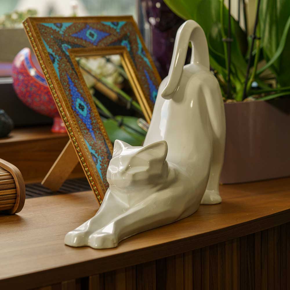 Stretching Cat Urn For Ashes White Front Left On Desk