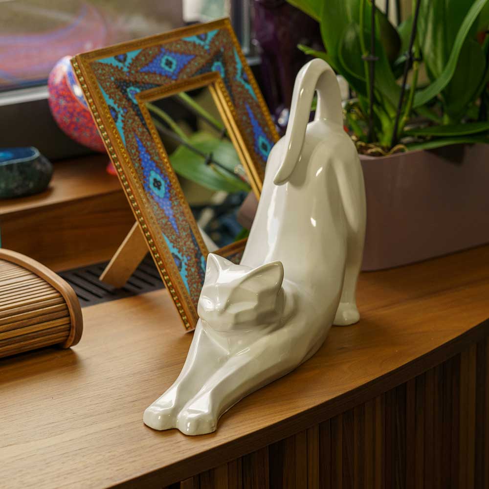 Stretching Cat Urn For Ashes White Front Left On Shelf