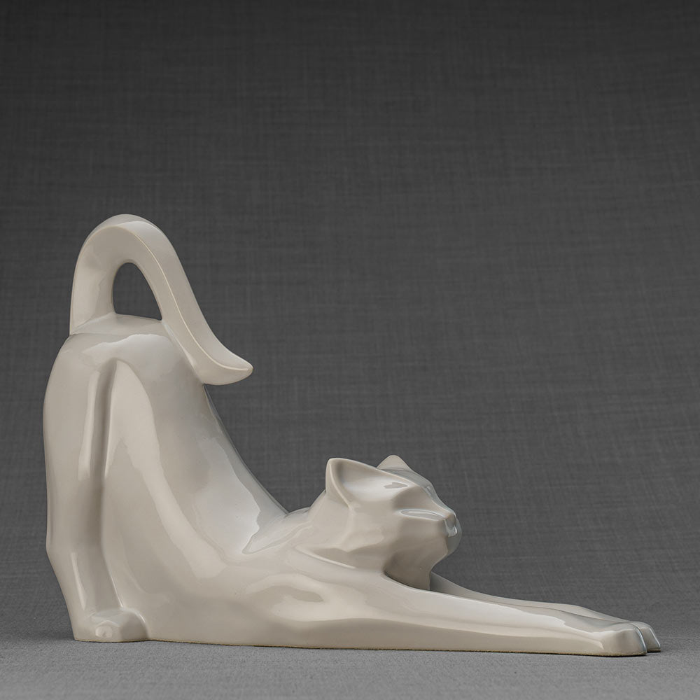 Stretching Cat Urn For Ashes White Right