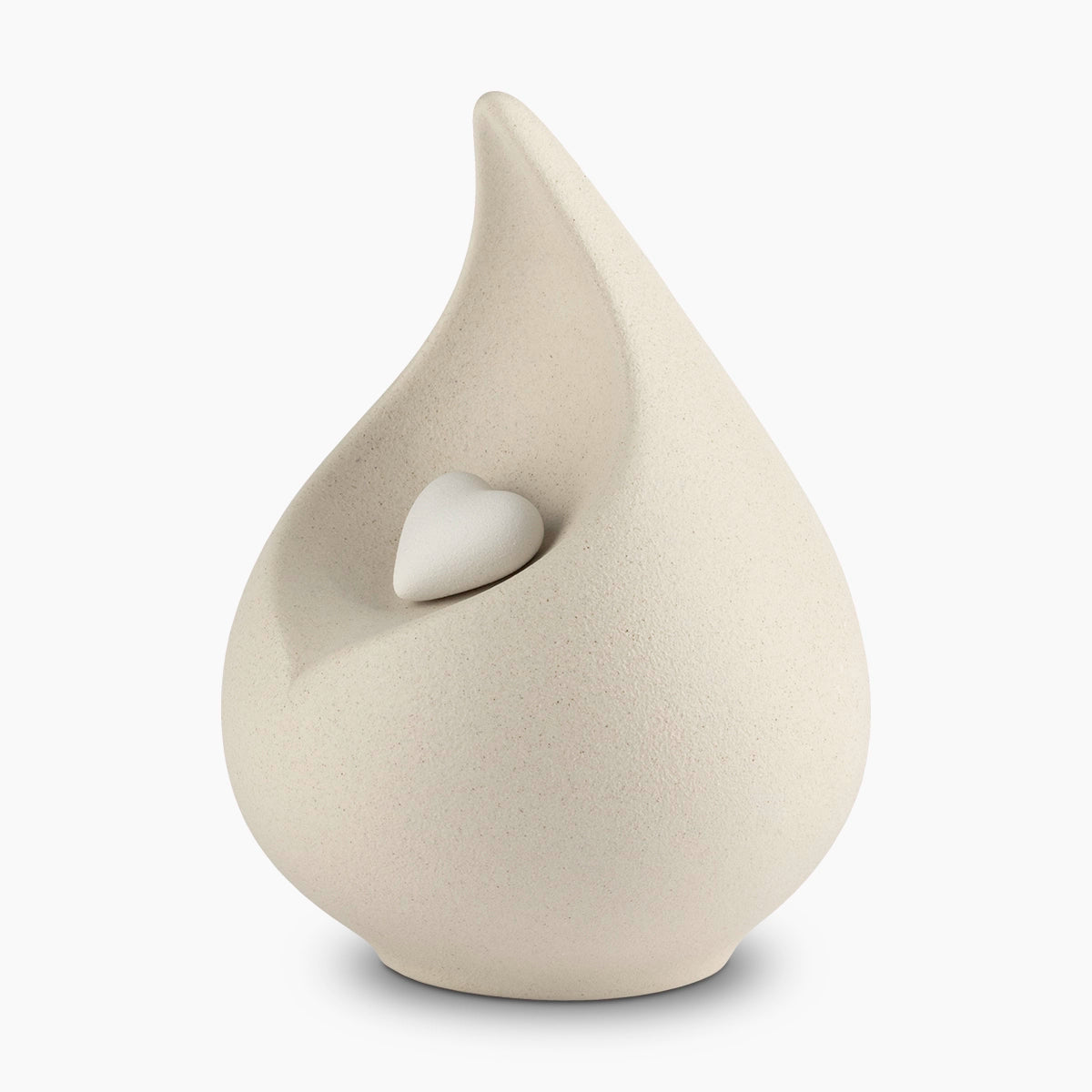 teardrop medium urn for ashes with heart in light beige left facing