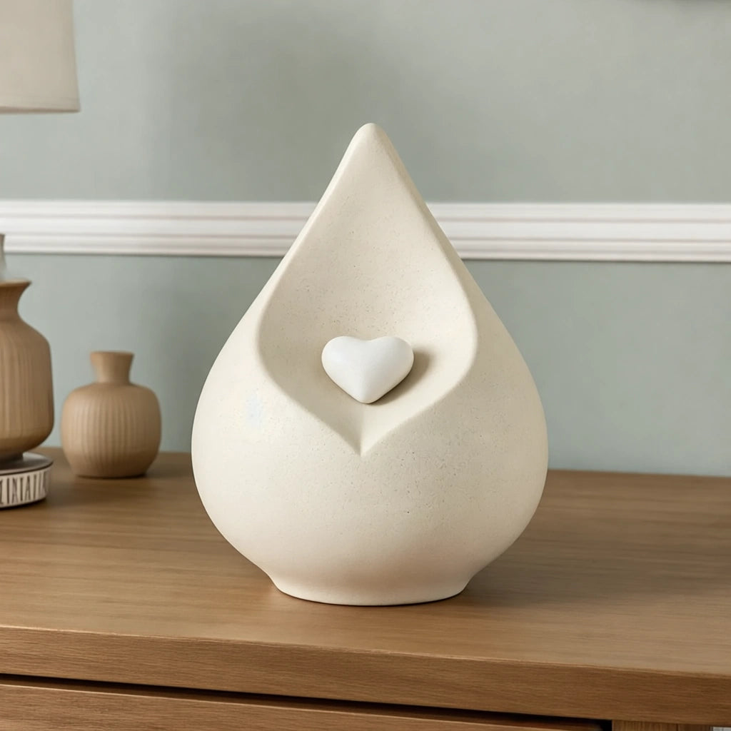 Teardrop Medium Urn for Ashes with Heart in Light Beige
