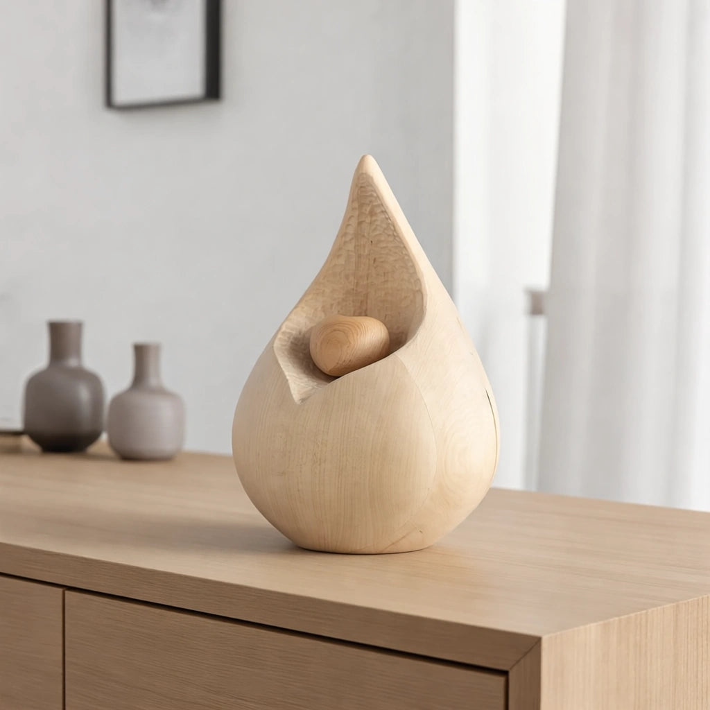 Teardrop Medium Urn for Ashes with Heart in Natural Wood