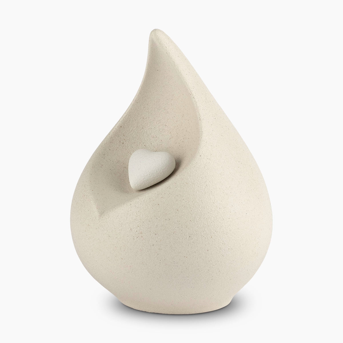 teardrop small urn for with heart ashes in light beige left facing