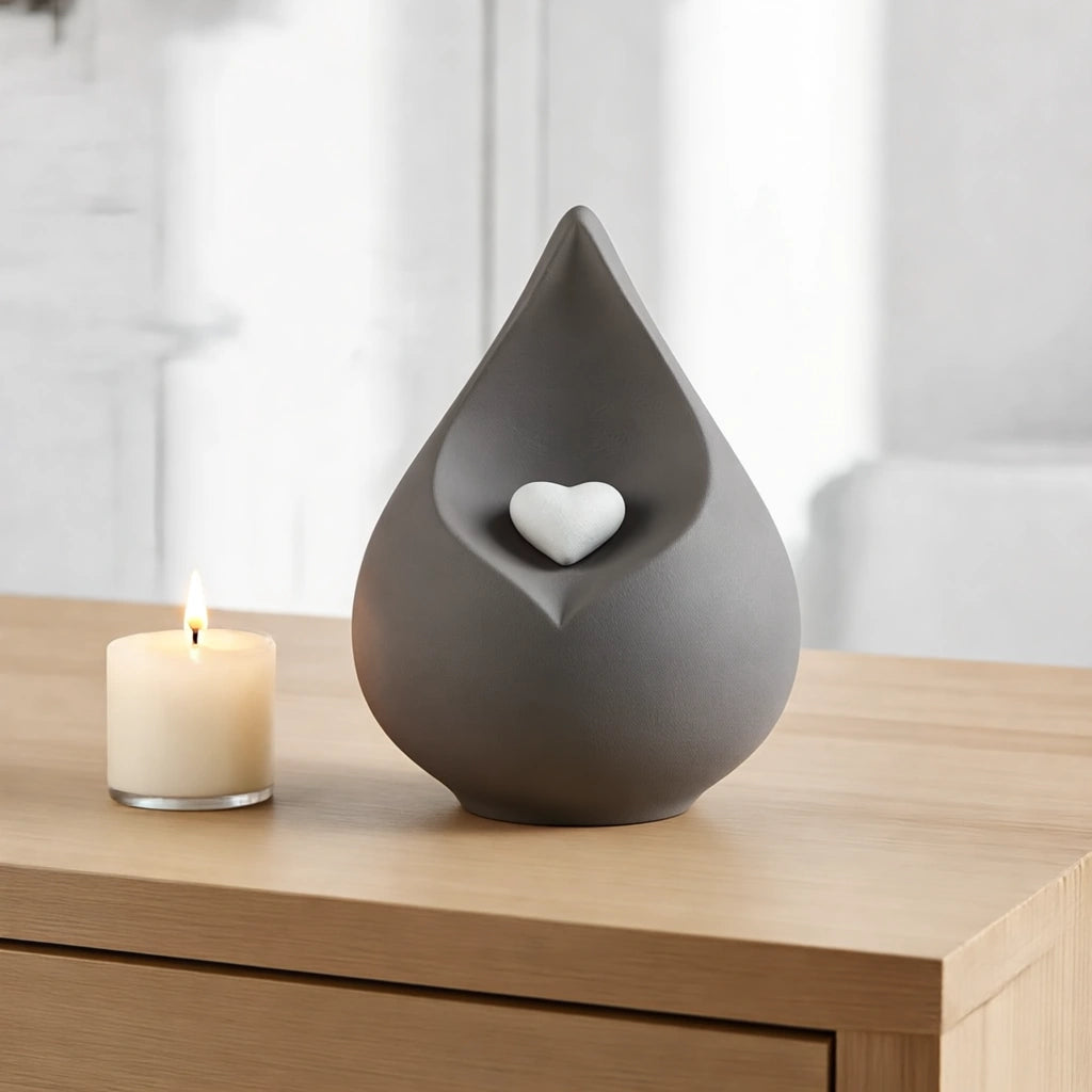 Teardrop Urn for Ashes with Heart in Grey