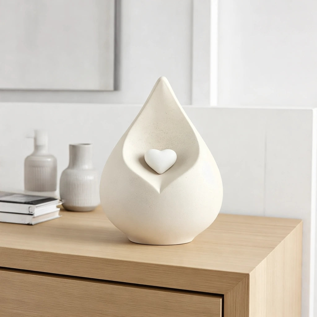 Teardrop Urn for Ashes with Heart in Light Beige
