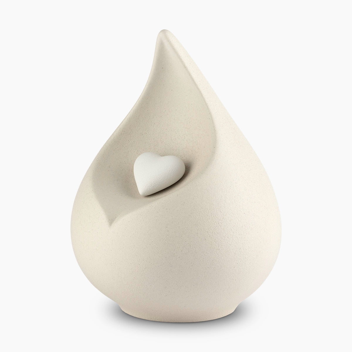 teardrop urn for ashes with heart in light beige left facing