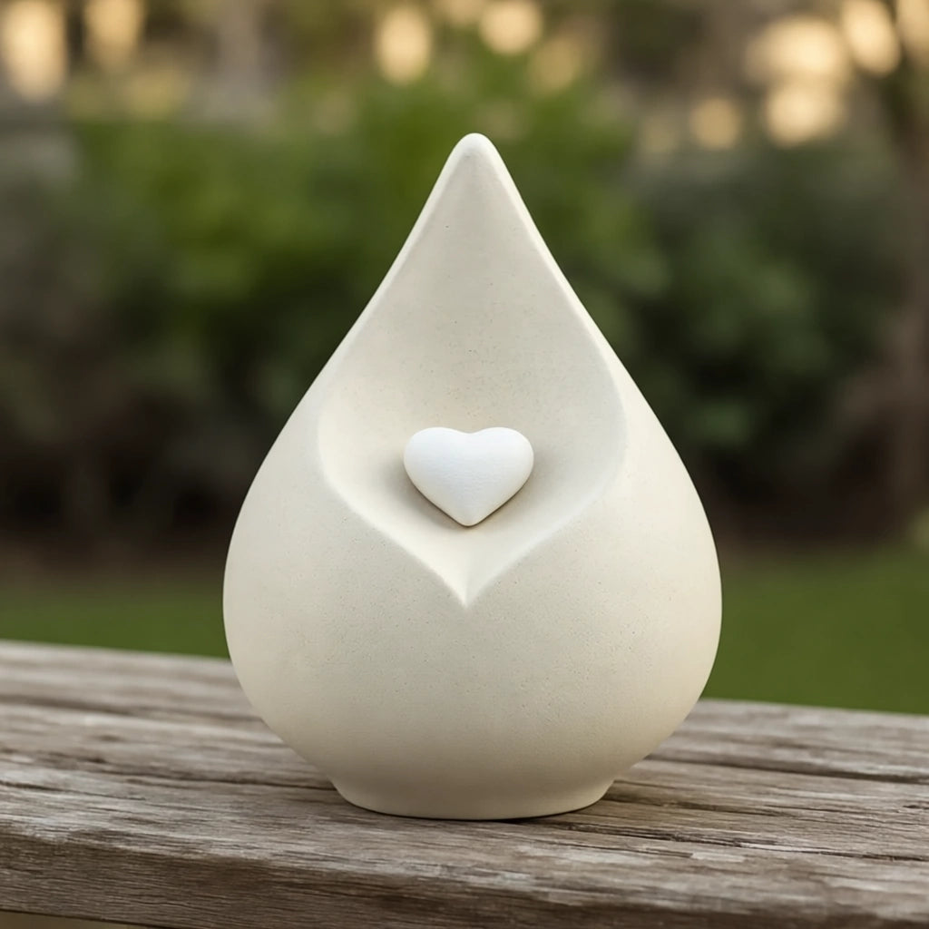 Teardrop Urn for Ashes with Heart in Light Beige