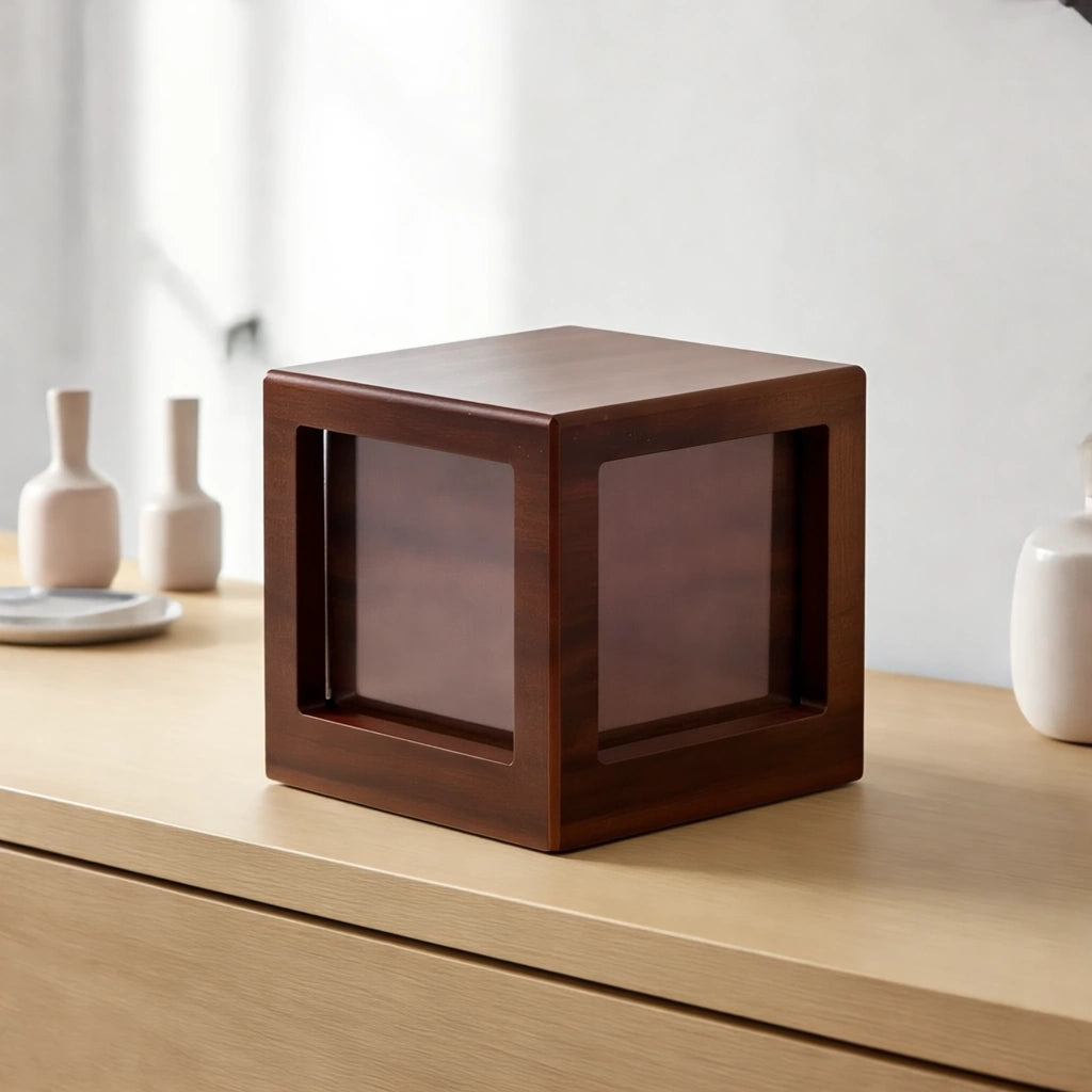 Walnut Effect MDF Photo Cube Small Urn for Ashes