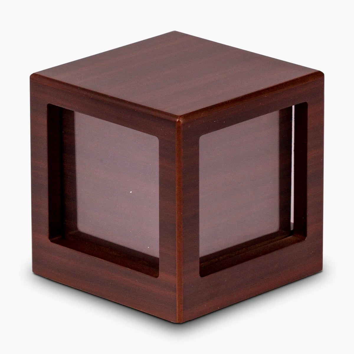 walnut effect mdf photo cube small urn for ashes front facing