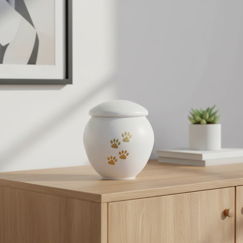 White & Gold Pawprints Pet Urn for Ashes - Large