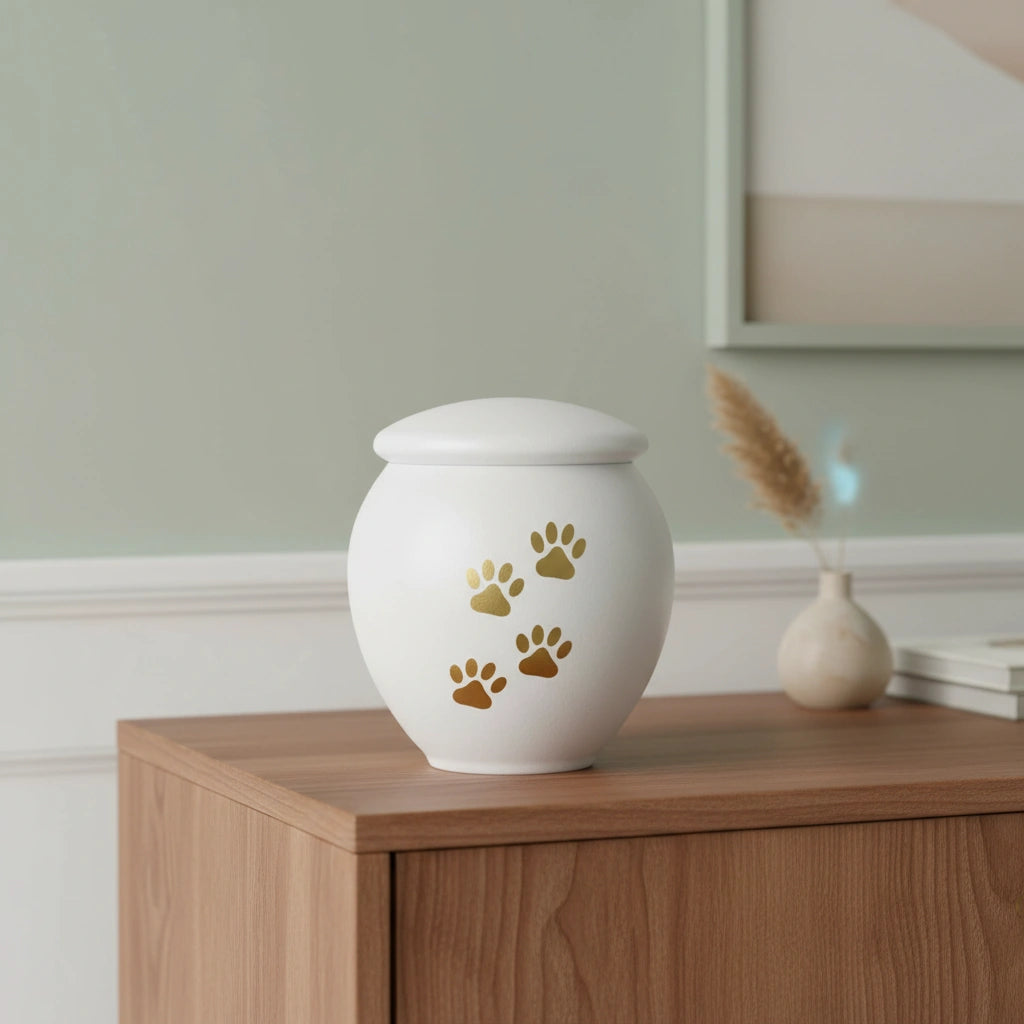 White & Gold Pawprints Pet Urn for Ashes - Medium