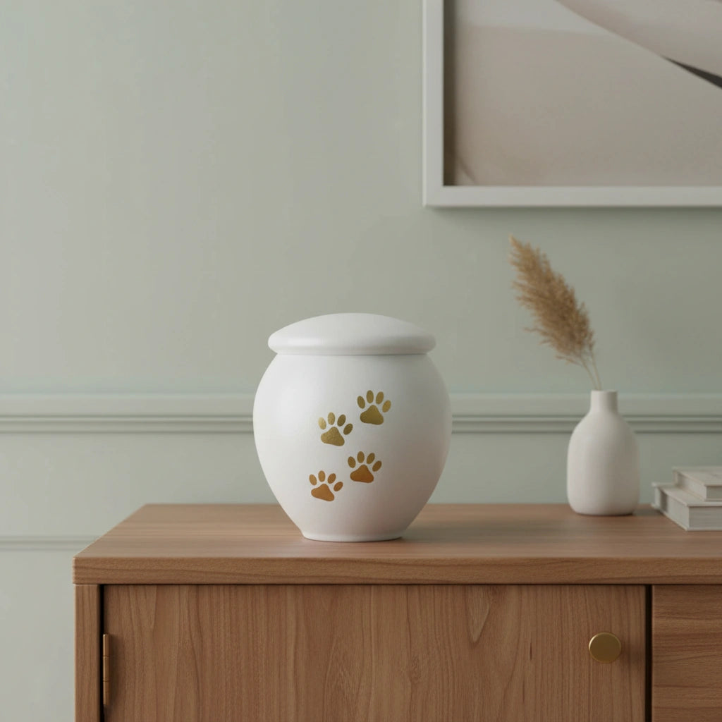 White & Gold Pawprints Pet Urn for Ashes - Medium
