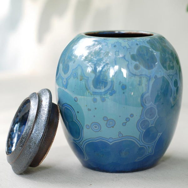 Aquamarine Ashes Keepsake Urn Front View Lid Off