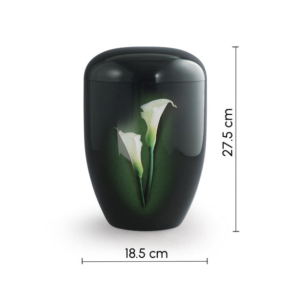 Bloom Biodegradable Cremation urn for Ashes Black Edition Calla Lily Dimensions