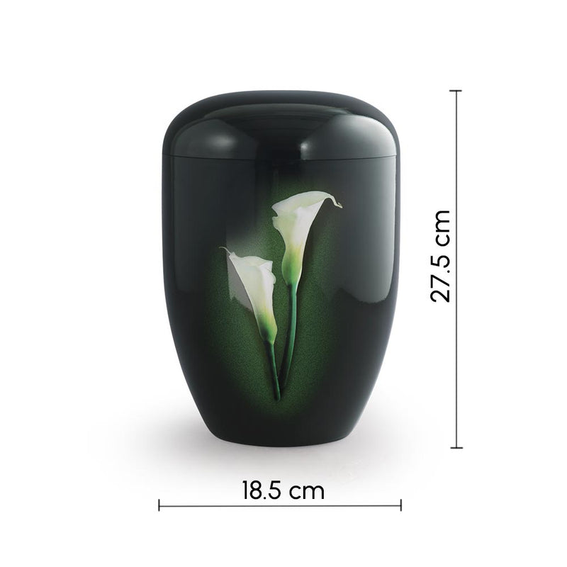 Bloom Biodegradable Cremation urn for Ashes Black Edition Calla Lily Dimensions