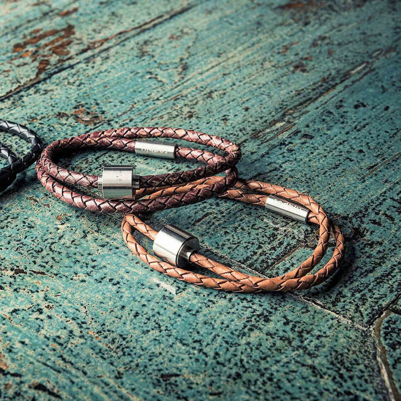 Braided Leather Ashes Bracelet for Men in Cognac and Brown Close Up