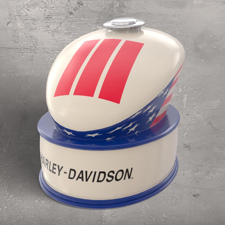 Branded Motorcycle Fuel Tank Cremation Urn for Ashes Harley Davidson American Flag Side View