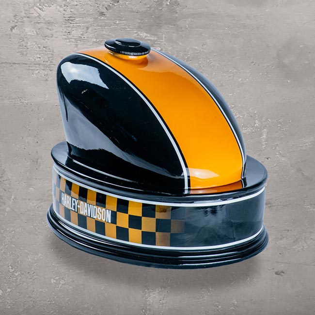 Branded Motorcycle Fuel Tank Cremation Urn for Ashes Harley Davidson Orange Stripe