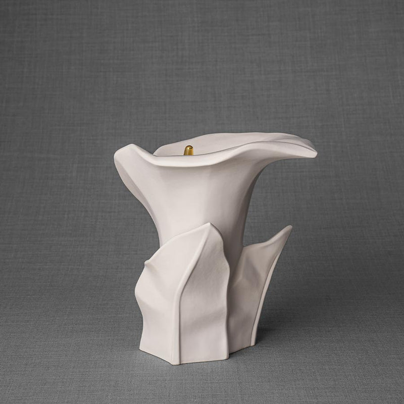 Calla Lilly Medium Cremation Urn for Ashes Matte White Angled View