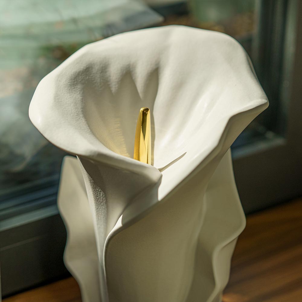 Calla Lilly Medium Cremation Urn for Ashes Matte White Close Up on Window Sill