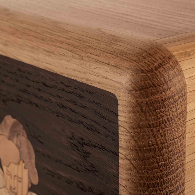 Cherub Cremation Urn for Ashes in Oak Top Right Corner