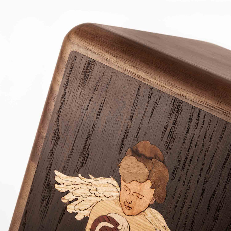 Cherub Cremation Urn for Ashes in Walnut Top Left Corner