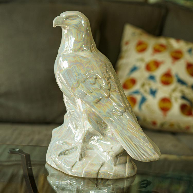 Eagle Cremation Urn for Ashes Pearlescent White Side View on Table